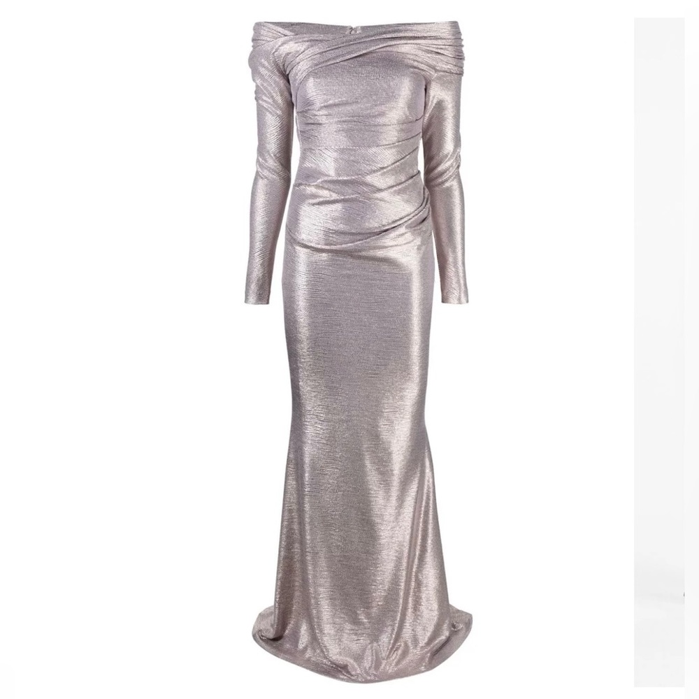Talbot Runhof Off-shoulder Long Sleeve Silver Gown 36 - Picture 1 of 4